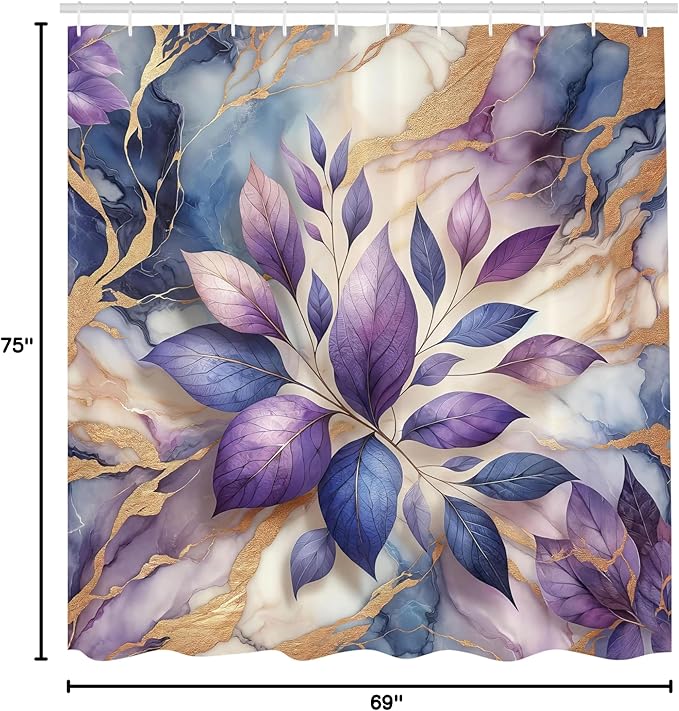 Ambesonne Purple Shower Curtain, Modern Marble Print Illustration Featuring Indigo Tone Leaves Dream, Cloth Fabric Bathroom Decor Set with Hooks, 69" W x 75" L, Lavender Pale Coffee Blue