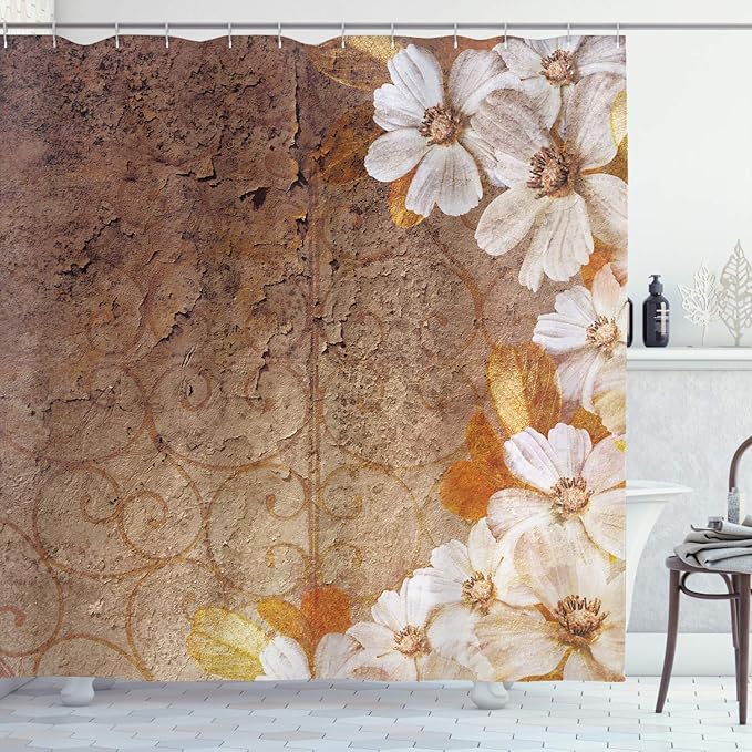 Ambesonne Grunge Shower Curtain, Flowers and Leaves Pattern on Cracked Wall with Floral Lines Classic Design, Cloth Fabric Bathroom Decor Set with Hooks, 69" W x 70" L, White Brown