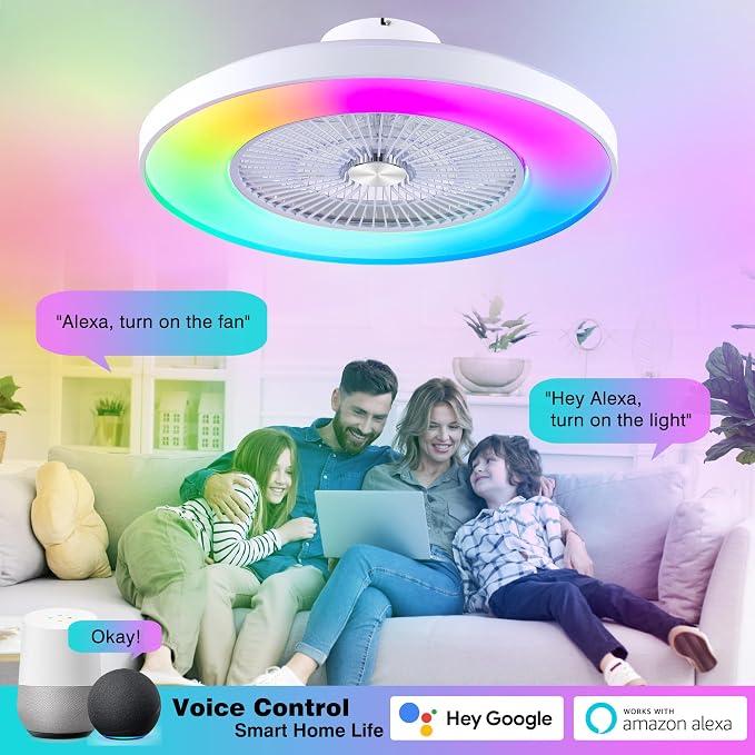 24" Bladeless Ceiling Fans with Lights and Remote/APP/Voice Control, Low Profile Ceiling Fan with RGB Lights, Enclosed Flush Mount Ceiling Fan for Kid's Bedroom/Living Room