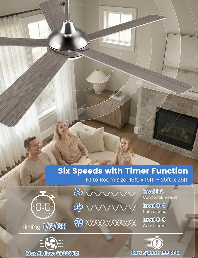 60 Inch Ceiling Fans with Lights and Remote/App Control: Brushed Nicel Ceiling Fan with Light, Quiet DC Motor, Dimmable Tri-Color LED, Modern Ceiling Fan for Bedroom/Patio, Indoor/Outdoor