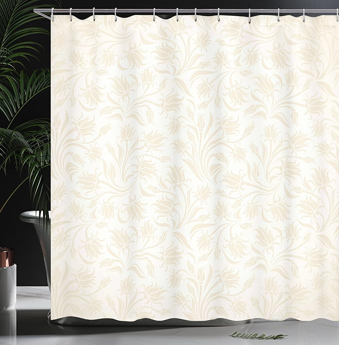 Ambesonne Ivory Shower Curtain, Baroque Style Curved Leaves and Floral Blooms Nature Beauty Continuous Design, Cloth Fabric Bathroom Decor Set with Hooks, 69" W x 70" L, Cream