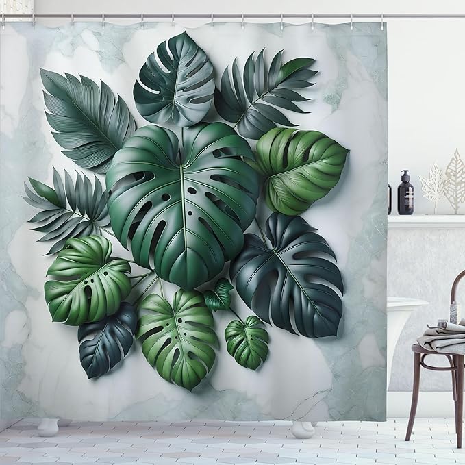 Ambesonne Dark Green Shower Curtain, Tropical Leaves Monstera and Palms on Marble Print Background, Cloth Fabric Bathroom Decor Set with Hooks, 69" W x 84" L, Fern Green and Pale Seafoam