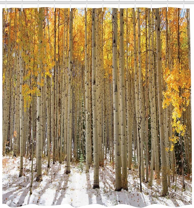 Ambesonne Forest Shower Curtain, Aspen Trees with Warm Leaves in Snow Forest in Early Winter Time Landscape, Cloth Fabric Bathroom Decor Set with Hooks, 69" W x 75" L, Orange White