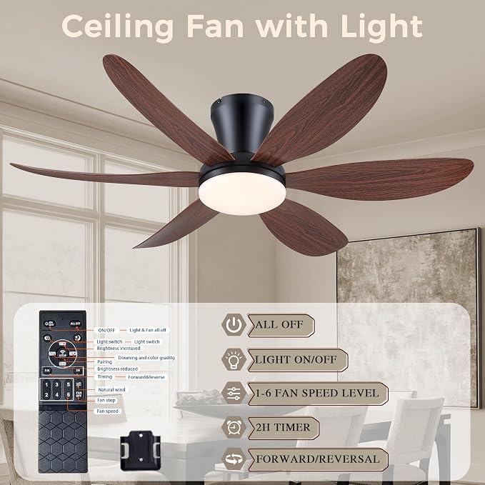 GJeg Ceiling Fans with Lights,42" Flush Mount Ceiling Fan with Light and Remote Control,Low Profile, Reversible, Dimmable, Noiseless, Brown Ceiling Fan for Bedroom