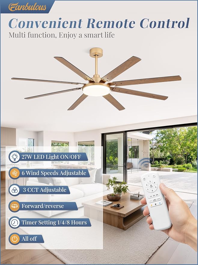 Fanbulous 72 inch Large Ceiling Fans with Lights and Remote, 27 W LED light | Outdoor Ceiling Fan with 8 Blades, 3 CCT, 6 Speed Reversible Quiet DC Motor, Modern Ceiling Fan for Living Room Patio