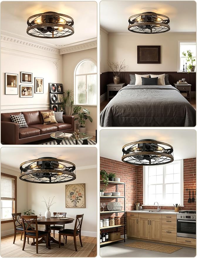 AKOFUN 20" Cage Ceiling Fan with Light and Remote, Low Profile Flush Mount Fan, 6 Speed Reversible DC Motor, 1/2/4/8/12H Timer, Bladeless Fandelier Rustic Farmhouse Light for Bedroom Living Room Patio