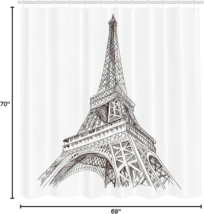 Ambesonne Paris Shower Curtain, Sketchy Look Illustration of Eiffel Tower European Building Art Work Print Classic, Cloth Fabric Bathroom Decor Set with Hooks, 69" W x 70" L, Brown