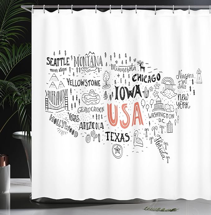 Ambesonne USA Map Shower Curtain, United States of America City Typography Pattern with Local Concept, Cloth Fabric Bathroom Decor Set with Hooks, 69" W x 75" L, Salmon White