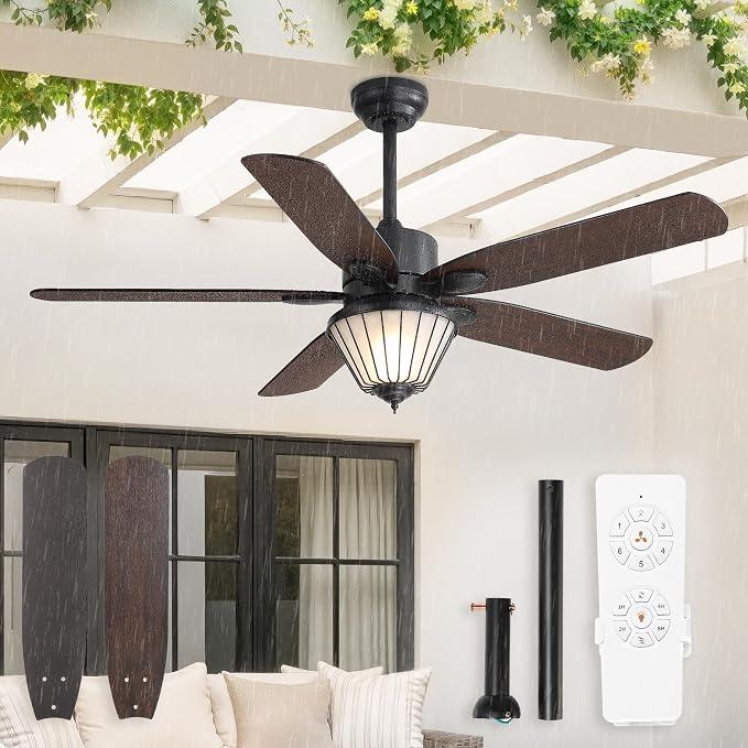 52 Inch Outdoor Ceiling Fans with Lights for Patios, IP65 Waterproof, Remote Control, 6-Speeds, Reversible DC Motor, 5 Dual Finish Blades, Wet-rated Ceiling Fan for Patio Gazebo Porch Pavilion (Black)