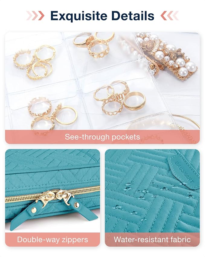 BAGSMART Jewelry Travel Organizer Case Ring Binder Storage Rolls, Teal | For Home Jewelry Storage, Ring Binder Clear Bags, Zipper Rolls Pouch, For Necklaces, Earrings, Rings, Bracelets