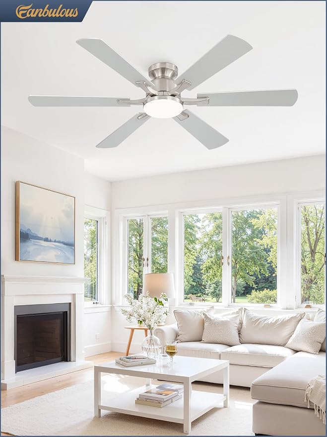 Fanbulous 52 Inch Ceiling Fan with Lights, APP & Remote Control, Flush Mount Low Profile Brushed Nickel Ceiling Fan, 3000-6000K Dimmable LED, Quiet Reversible Motor, 6 Speeds, for Bedroom Living Room