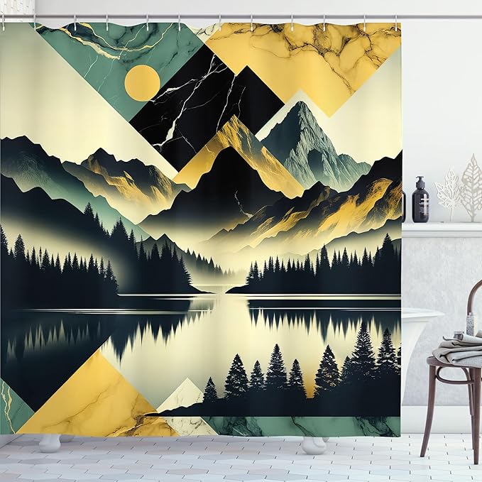 Ambesonne Lake Shower Curtain, Silhouettes of Dark Woods and Mountains with Contemporary Rhombus Ornaments, Cloth Fabric Bathroom Decor Set with Hooks, 69" W x 75" L, Dark Green Teal Khaki