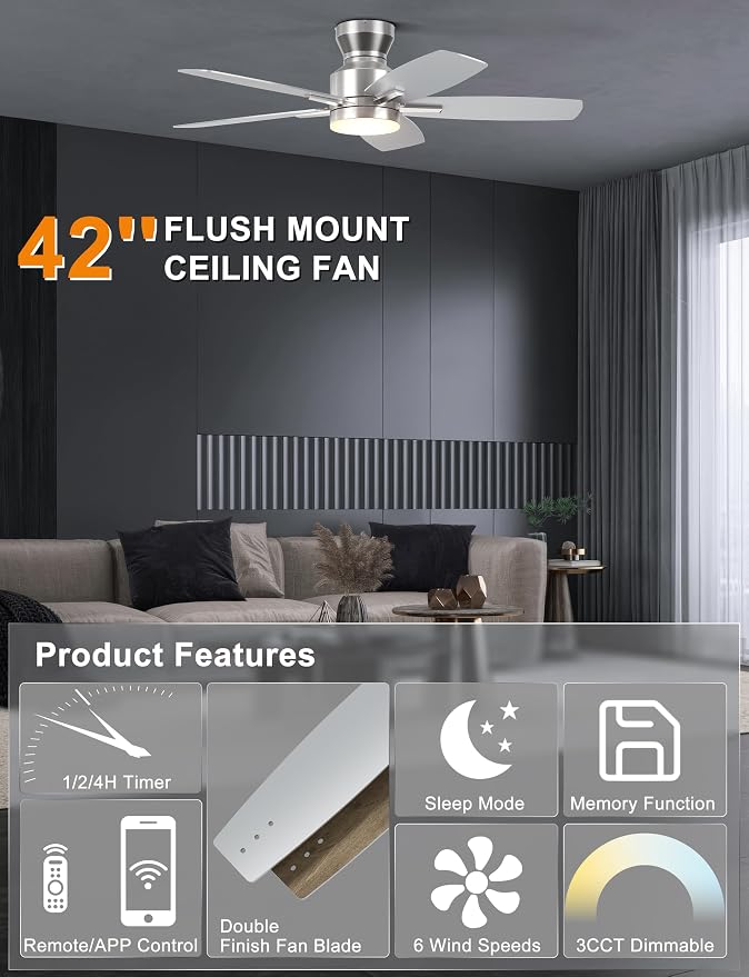Ohniyou Ceiling Fans with Lights, 42'' Low Profile Ceiling Fan with Light and Remote/APP Control, Modern Flush Mount Ceiling Fan for Indoor Bedroom Kitchen, Dimmable, Quiet DC Motor, Silver