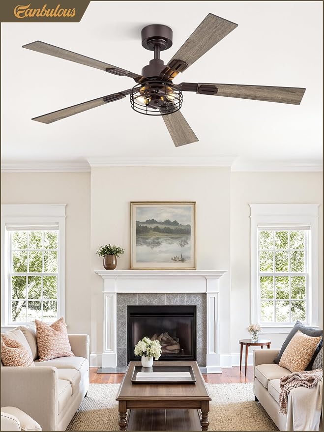 Fanbulous 2 Pack Farmhouse 48 Inch Ceiling Fans with Lights, Industrial Caged Ceiling Fans for Bedroom Living Room, Double-Sided 5 Blades Rustic Ceiling Fan-Oil Bronze