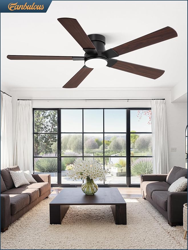 Fanbulous 52” Ceiling Fans with Lights and Remote, Flush Mount Ceiling Fan | Low Profile,Black Modern Ceiling Fan with LED Light, 5 Blades, 3CCT, 6 Speeds,Timer,Bedroom, Indoor, Outdoor,Living room