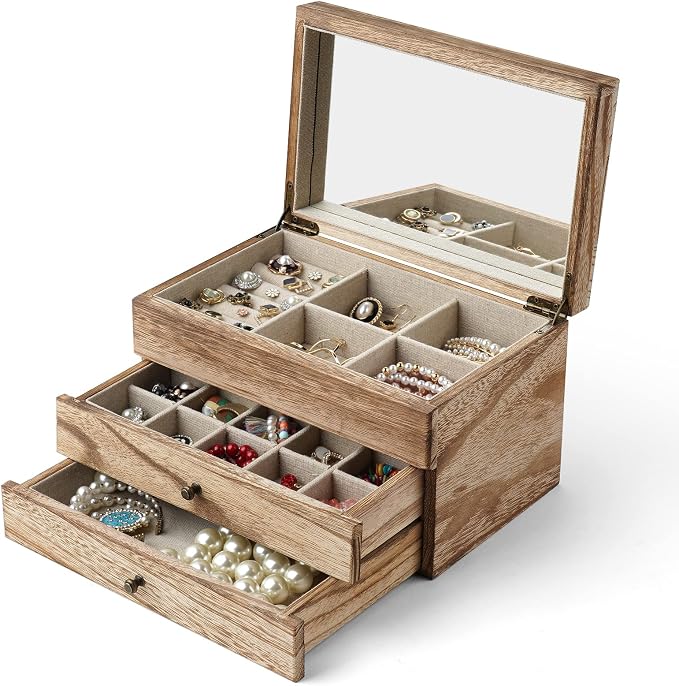Meangood Jewelry Box Organizer for Women, 3 Layer Large Jewelry Storage Case, Rustic Wooden Jewelry Box with Mirror & Ring Tray for Necklace Earring Bracelets Rings, Vintage Style (Carbonized Black)