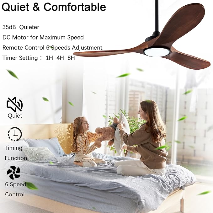 52-inch silent ceiling fan light with remote control, 3CCT, walnut finish. | 3CCT, mobile app, full memory function, for use in living rooms, dining rooms, bedrooms, offices, balconies, and outdoors.