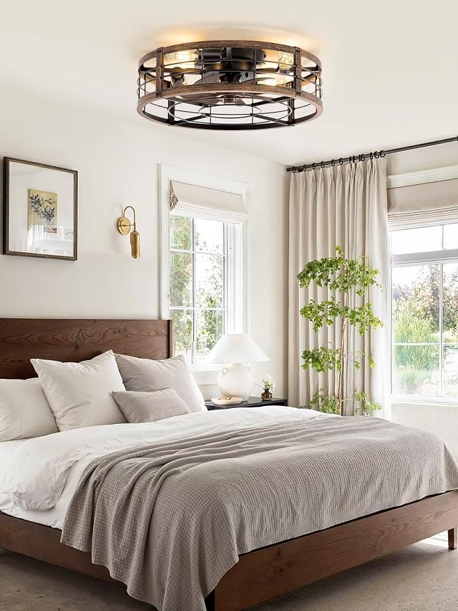 LEDIARY 20" Caged Ceiling Fan with Light and Remote, Low Profile Flush Mount Fandelier, Black Gold Bladeless Enclosed Small Ceiling Fan Light Fixtures, Rustic Farmhouse Style for Bedroom, Outdoor