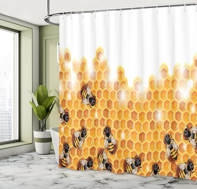 Ambesonne Nature Shower Curtain, Honey Bees Wax Abstract Insect of Spring Season Artwork Image, Cloth Fabric Bathroom Decor Set with Hooks, 69" W x 70" L, Marigold Apricot