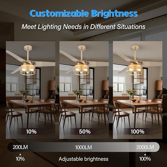 Chandelier Ceiling Fans With Lights And Remote,Caged Ceiling Fan With Light,App 3 Blades E26 Fandelier Ceiling Fans With Lights,Crystal Ceiling Fan For Bedroom,Living Room. (Gold, 52 In'ch)
