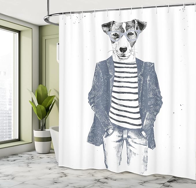 Ambesonne Quirky Shower Curtain, Hipster Jack Russell Dog Glasses Hand Drawn Sketchy Fashion Animal Fun, Cloth Fabric Bathroom Decor Set with Hooks, 69" W x 75" L, Blue Grey