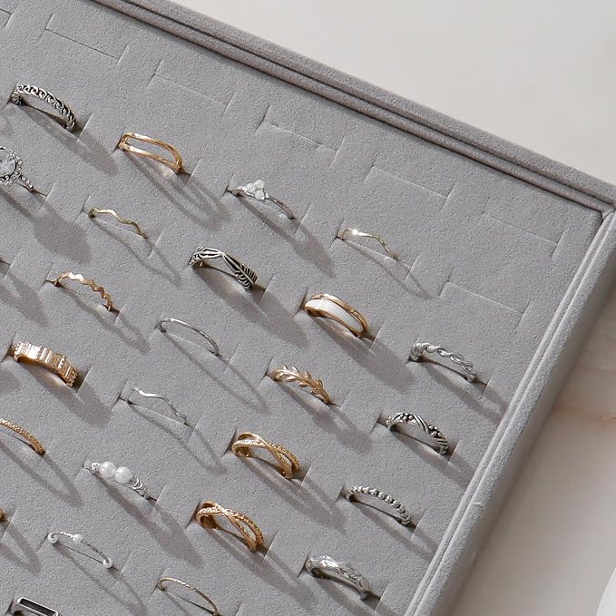 Large Velvet Jewelry Tray 2 Pack Stackable Jewelry Display Drawer Inserts Trays Organizer for Earring Bracelet Necklace Ring (Gray, Ring 81 Slots)