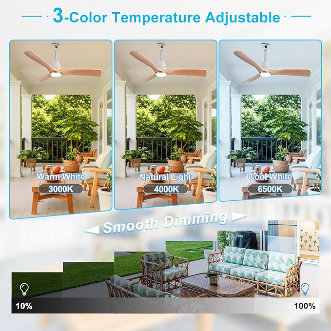 Depuley Outdoor Ceiling Fan with Lights: 42" Silver Gazebo Fans Outdoor Hanging with Remote APP Control - Plug in Waterproof Fans with Light for Patio Porch Reversible Wood Blades 3CCT 6 Speeds Timer