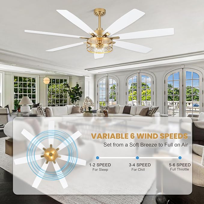 Dawn Whisper 72 Inch Large Ceiling Fans with Lights Modern White Gold Farmhouse Ceiling Fan for Living Room Bedroom 6 Speed Reversible Quiet DC Motor