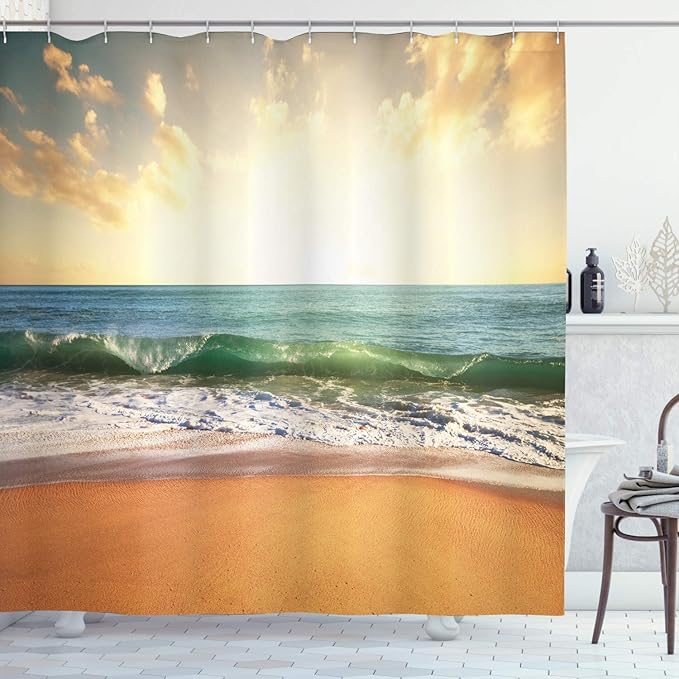 Ambesonne Ocean Shower Curtain, Sunset at a Smooth Sandy Beach with Small Wave and Bubbles from The Sea, Cloth Fabric Bathroom Decor Set with Hooks, 69" W x 70" L, Amber Cream