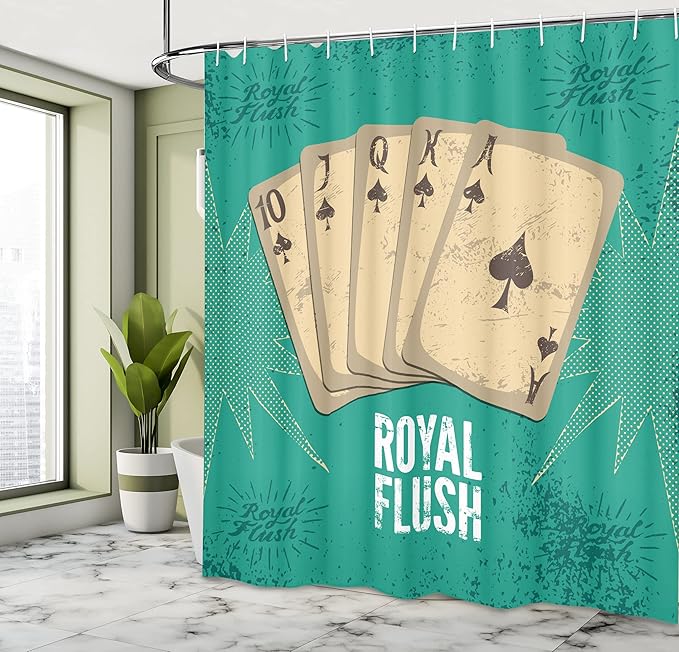 Ambesonne Vintage Shower Curtain, Retro Casino Poster Print Royal Flush with Game Cards Lucky Joker Hobby Image, Cloth Fabric Bathroom Decor Set with Hooks, 69" W x 75" L, Green Beige