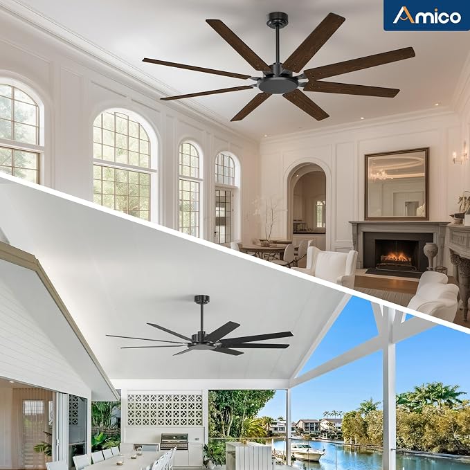 Amico 72 Inch Outdoor Ceiling Fan No Light with Remote, Large Black Ceiling Fan Without Light, Quiet Reversible DC Motor, 6 Speeds, Timer, 8 Blades for Living Room, Covered Patio, Porch, Garage