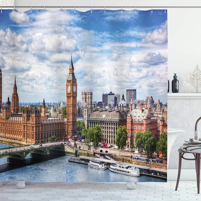Ambesonne London Shower Curtain, Extensive Cityscape with Big Ben Westminster Bridge on River Thames and Clouds Image, Cloth Fabric Bathroom Decor Set with Hooks, 69" W x 70" L, White Green