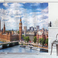 Ambesonne London Shower Curtain, Extensive Cityscape with Big Ben Westminster Bridge on River Thames and Clouds Image, Cloth Fabric Bathroom Decor Set with Hooks, 69" W x 70" L, White Green