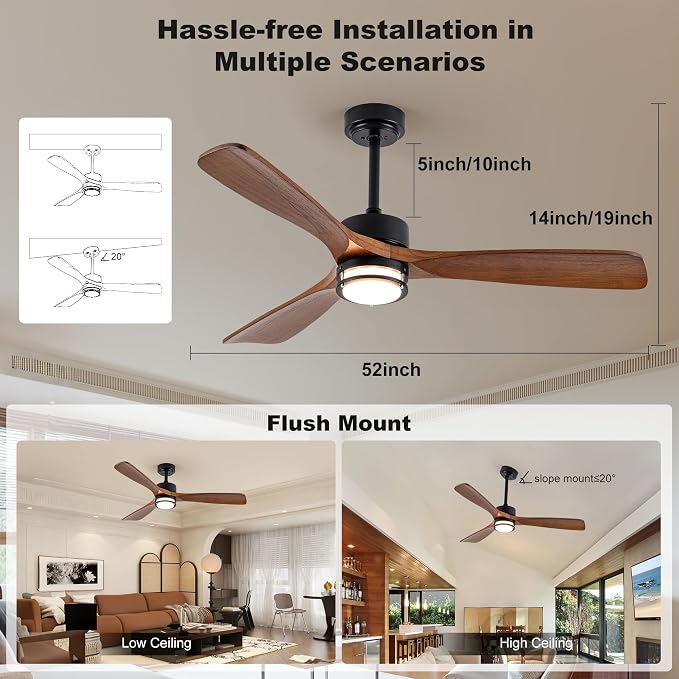 52” Outdoor Ceiling Fan with Light, 3 Walnut Solid Wood Blade, Remote Control, 3CCT Dimmable LED, Timer, 6-Speed Reversible Motor All-Weather Use for Living Room or Patio