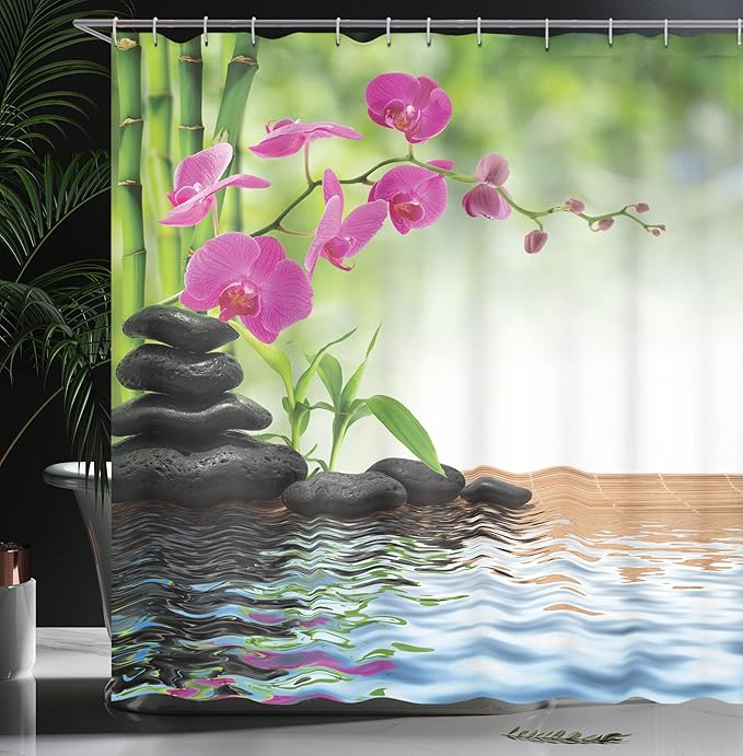 Ambesonne Orchid Shower Curtain, Greenery Composition of Tree and Exotic Wild Fuchsia Flowers Stones, Cloth Fabric Bathroom Decor Set with Hooks, 69" W x 70" L, Charcoal Grey Lime Green