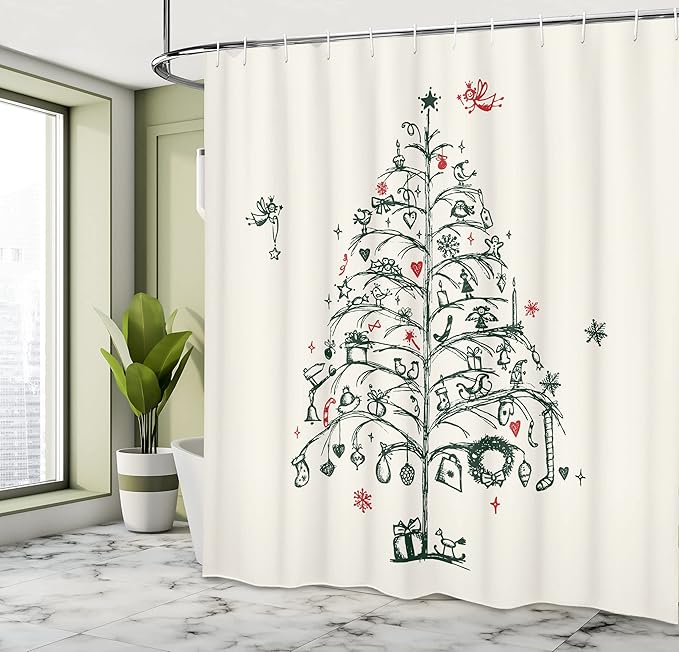 Ambesonne Christmas Shower Curtain, Fairies with Wands and Tree Hand Drawn Style with Wreath and Stockings Image, Cloth Fabric Bathroom Decor Set with Hooks, 69" W x 75" L, Red and Green