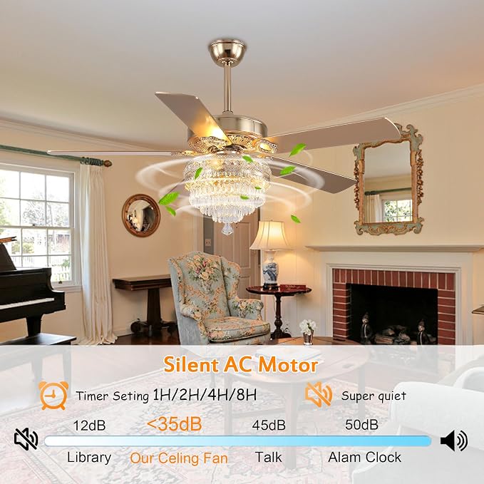GJeg Crystal Ceiling Fan Fandelier with Lights - Retro Outdoor Fans with Remote Control, Farmhouse Ceiling Fan with Noiseless AC Reversible Motor,Dining Room,Living Room(52" Gold)