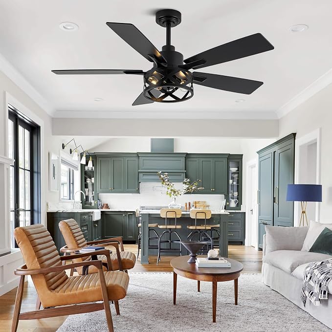 52" Farmhouse Ceiling Fan with Lights and Remote Control | Reversible DC Motor,5 Double Finish Wood Blades,Caged Rustic Ceiling Fan with Light for Bedroom,Living Room,Dining Room