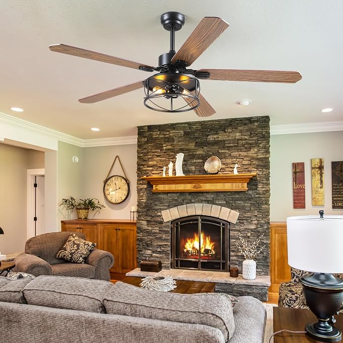 Hounberi 56" Rustic Farmhouse Ceiling Fan with Light and Remote | 5 Dual Finish Blades, 6 Speeds, Reversible DC Motor, Caged Rustic Ceiling Fan for Dining Room, Living Room, Bedroom, Porch