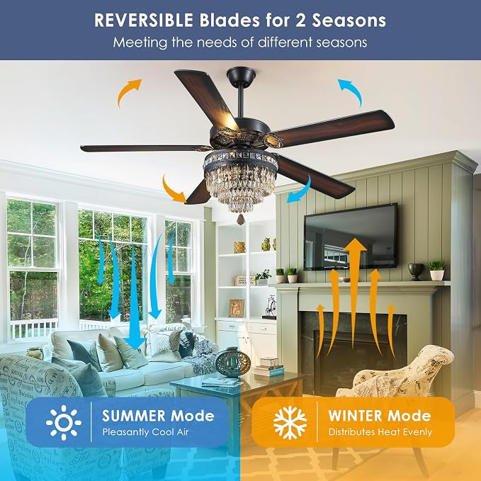 62" Black Crystal Chandelier Ceiling Fans with Lights and Remote Control | Classical Design,6 Reversible Speeds,30W Quiet DC Motor,5 Wooden Blades,3*E12 LED Bulbs Included,for Living Room Bedroom