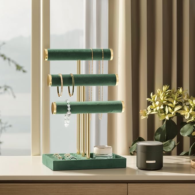 Jewelry Organizer Stand Display, 3 Tier Velvet Bracelet Holder, Green | Jewelry Organizers and Storage | Jewelry Tree | Jewelry Towers for Necklaces, Bracelets, Earrings, Rings