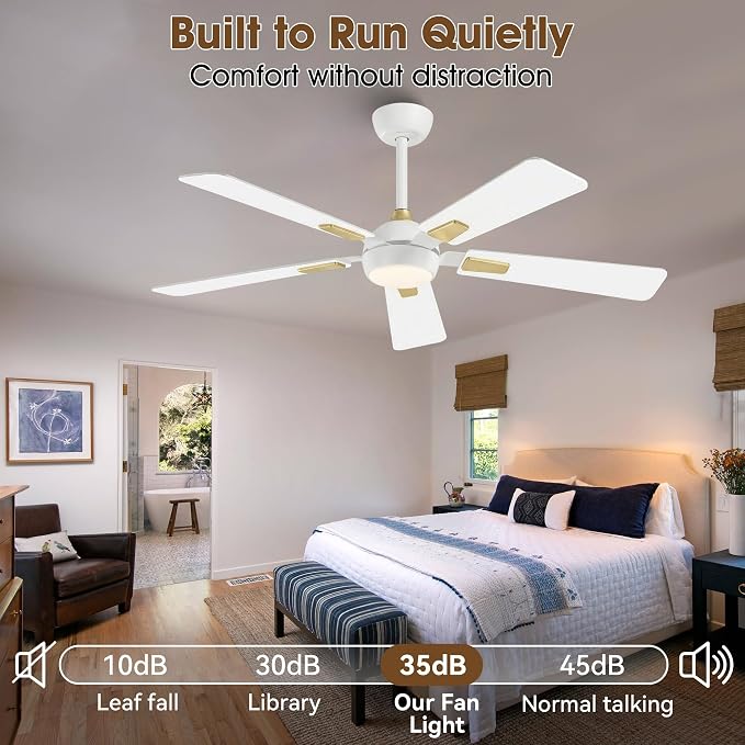 52 Inch White Ceiling Fan with Light and Remote, Modern Ceiling Fan with 6-Speed Reversible Motor, Dimmable LED 3CCT for Bedroom Living Room Apartment