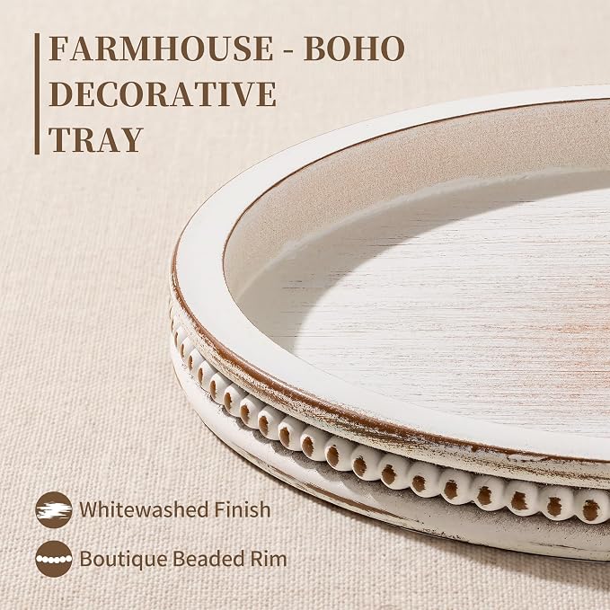 Hanobe Decorative Tray for Coffee Table: 10.5-Inch Round Whitewashed Wood Tray for Rustic Farmhouse Living Room Kitchen Island Entryway Home Decor