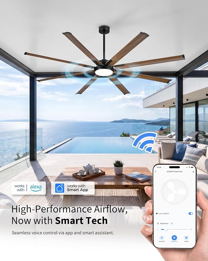 84 Inch Industrial Ceiling Fan with Light, Large Design with 8 Aluminum Blades, Compatible with Alexa, 6-Speed Reversible DC Motor, 3 Color Temperature Options - ZCCF04WD-84