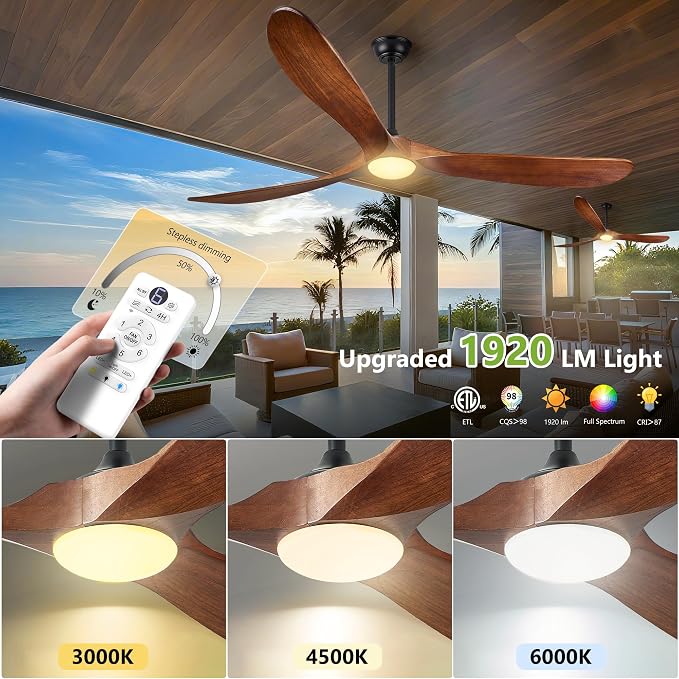 Haipeel 52 Inch Outdoor Ceiling Fan with Light and Remote, Solid Wood | Dimmable 3 Color LED with Memory 3 Blade Walnut Propeller Quiet High CFM Reversible BLDC, Damp Rated Outdoor Patios Farmhouse