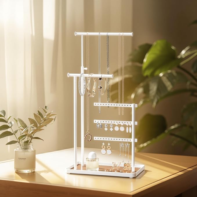 susswiff Jewelry Holder Organizer Stand - Adjustable Tall 17.5" (Max), Sturdy Jewelry Hanger for Necklaces, Earrings, Bracelets, Rings, Jewlery Display and Storage, White, Metal