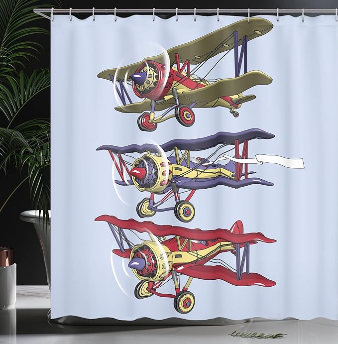 Ambesonne Airplane Shower Curtain, Retro Look 3 Biplanes Flies on a Background of The Pastel Sky Ink Paint Old Fashioned Travel Print, Cloth Fabric Bathroom Decor Set with Hooks, 69" W x 84" L, Aqua