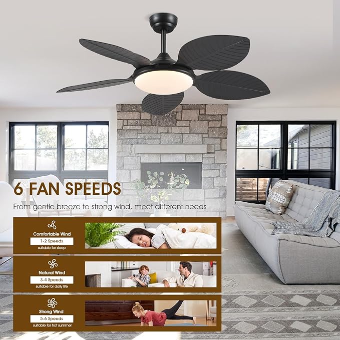 Wiviniya 48 Inch Tropical Ceiling Fans with Lights, Palm Leaf Outdoor Ceiling Fan with Light for Patios Porch Bedroom Living Room, Remote/APP Control, Reversible Quiet DC Motor, Dimmable LED, Black