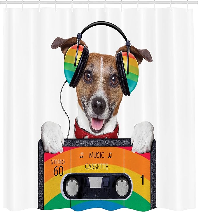 Ambesonne Popstar Party Shower Curtain, Dog Listening to Music from an Old Cassette of The 80's Colorful Headphones, Cloth Fabric Bathroom Decor Set with Hooks, 69" W x 75" L, Brown Multicolor