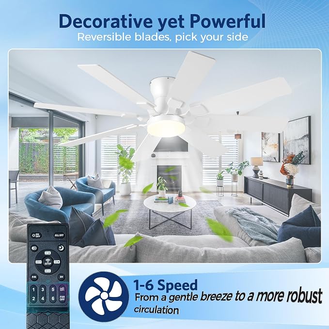 JSAITEE 52Inch Ceiling Fan with Lights, Low Profile Flush Mount, White | Ceiling Fans,DC Reversible Motor Noiseless, 3CCT Dimmable, Dual Finish, 6 Speeds Ceiling Fan for Indoor/Outdoor